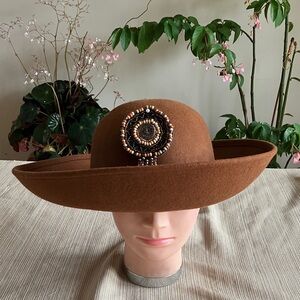Elegant Copper Brown Wool Wide-Brim Hat with Beaded Accent